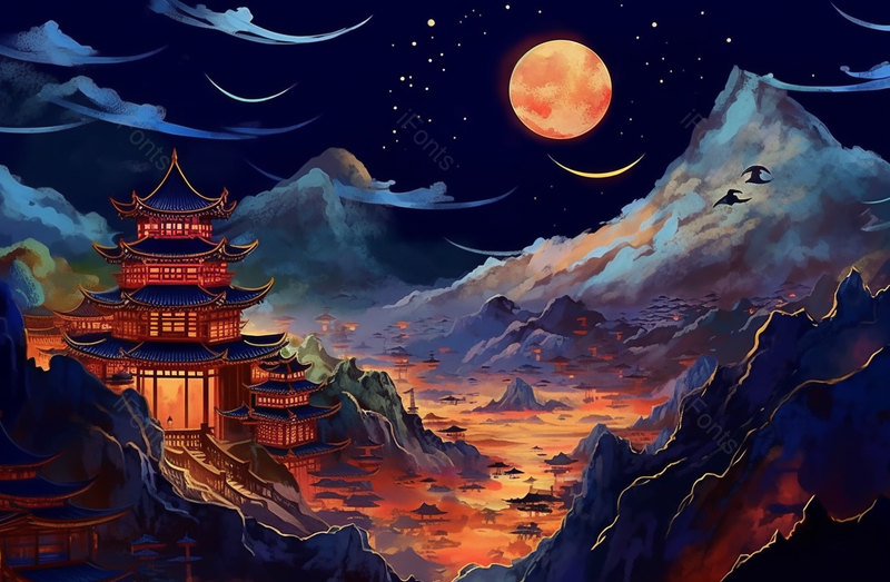 芸芸众生城市满月蓝色星空夜晚山川古代建筑国风写意插画,插画/手绘图,插画/手绘图库,插画/手绘图下载,插画/手绘